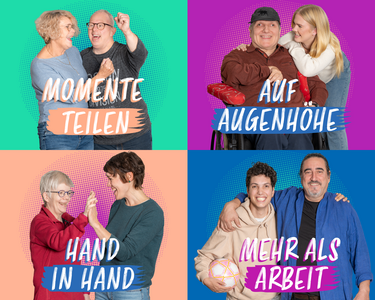 Bild von Bewohnern und Betreuern mit den Slogans „Momente teilen“, „Auf Augenhöhe“, „Hand in Hand“ und „Mehr als Arbeit“.