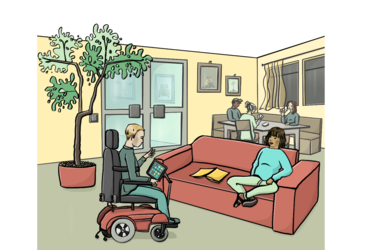 Zeichnung eines Wohnzimmers mit Couch und Pflanze, eine Person sitzt im Rollstuhl, eine auf der Couch