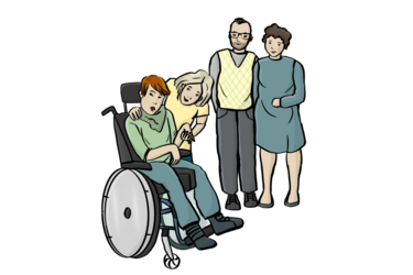 Illustration von zwei Menschen und einer Person im Rollstuhl